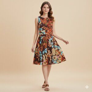 Kay Unger Women's Floral Brown Silk Wool Blend 2 Pleated Midi A-Line Dress GUC